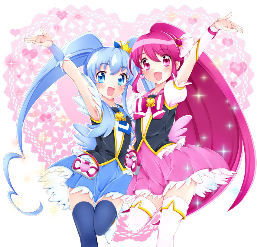 aino_megumi blue_eyes blue_hair blue_legwear blue_skirt blush boots bow crown cure_lovely cure_princess earrings eyelashes happinesscharge_precure! happy highres jewelry long_hair looking_at_viewer magical_girl multiple_girls open_mouth pink_bow pink_eyes pink_hair pink_skirt ponytail precure puffy_sleeves shirayuki_hime shirt skirt smile sorakase_sawa thigh_boots thighhighs thighs twintails white_legwear wide_ponytail wrist_cuffs zettai_ryouiki