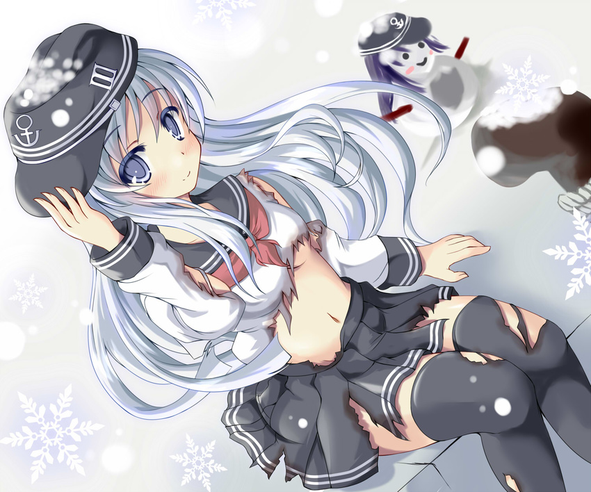 blue_eyes blush breasts hat hibiki_(kantai_collection) highres hiiragi_tomoka kantai_collection long_hair looking_at_viewer navel school_uniform serafuku silver_hair sitting skirt small_breasts smile snowflakes snowman solo thighhighs torn_clothes torn_legwear torn_skirt underboob