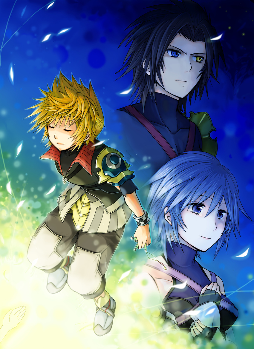 2boys absurdres aqua_(kingdom_hearts) armor blonde_hair blue_eyes blue_hair brown_hair checkered_wristband closed_eyes detached_sleeves fingerless_gloves gloves heterochromia highres kingdom_hearts kingdom_hearts_birth_by_sleep koharu64 multiple_boys short_hair terra_(kingdom_hearts) ventus wristband yellow_eyes