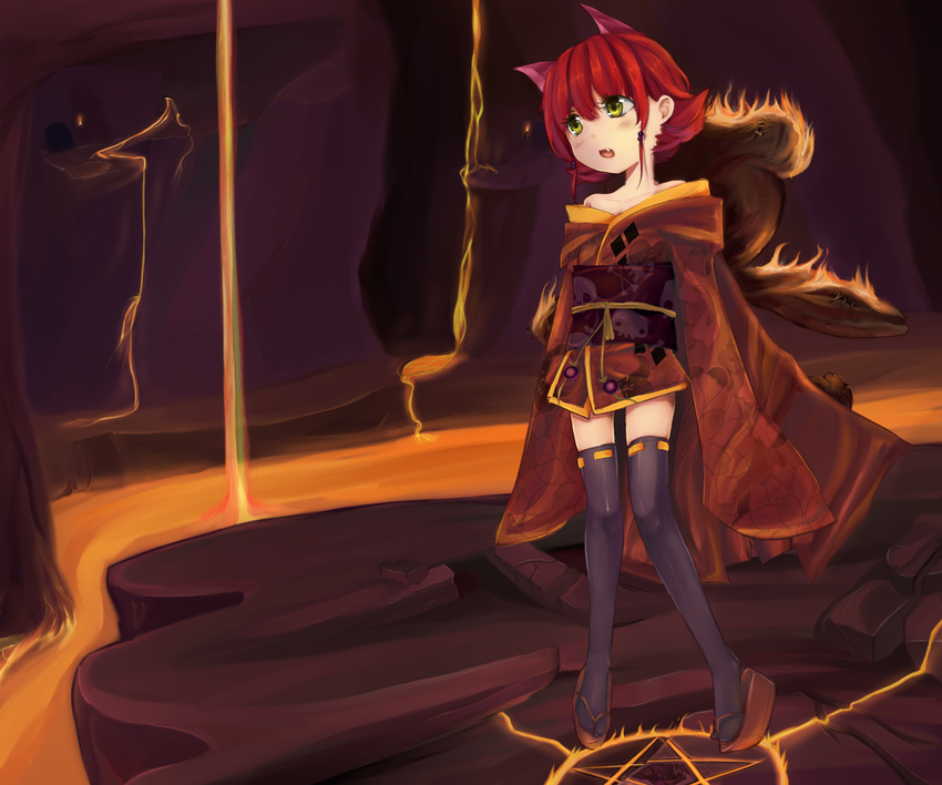 annie_hastur bare_shoulders black_legwear cave fire full_body hair_ornament highres japanese_clothes kimono league_of_legends long_sleeves magic_circle molten_rock open_mouth pentagram pitui1996 red_hair ribbon-trimmed_legwear ribbon_trim rock skull skull_and_crossbones skull_print solo standing tabi thighhighs tibbers torch yellow_eyes