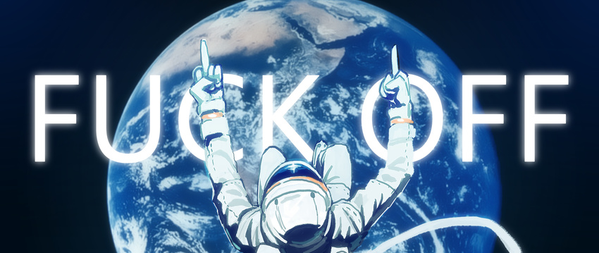 astronaut bad_id bad_pixiv_id cloud double_middle_finger earth english floating from_above gloves helmet highres ladic middle_finger original planet profanity reflection solo space spacesuit white_gloves zero_gravity