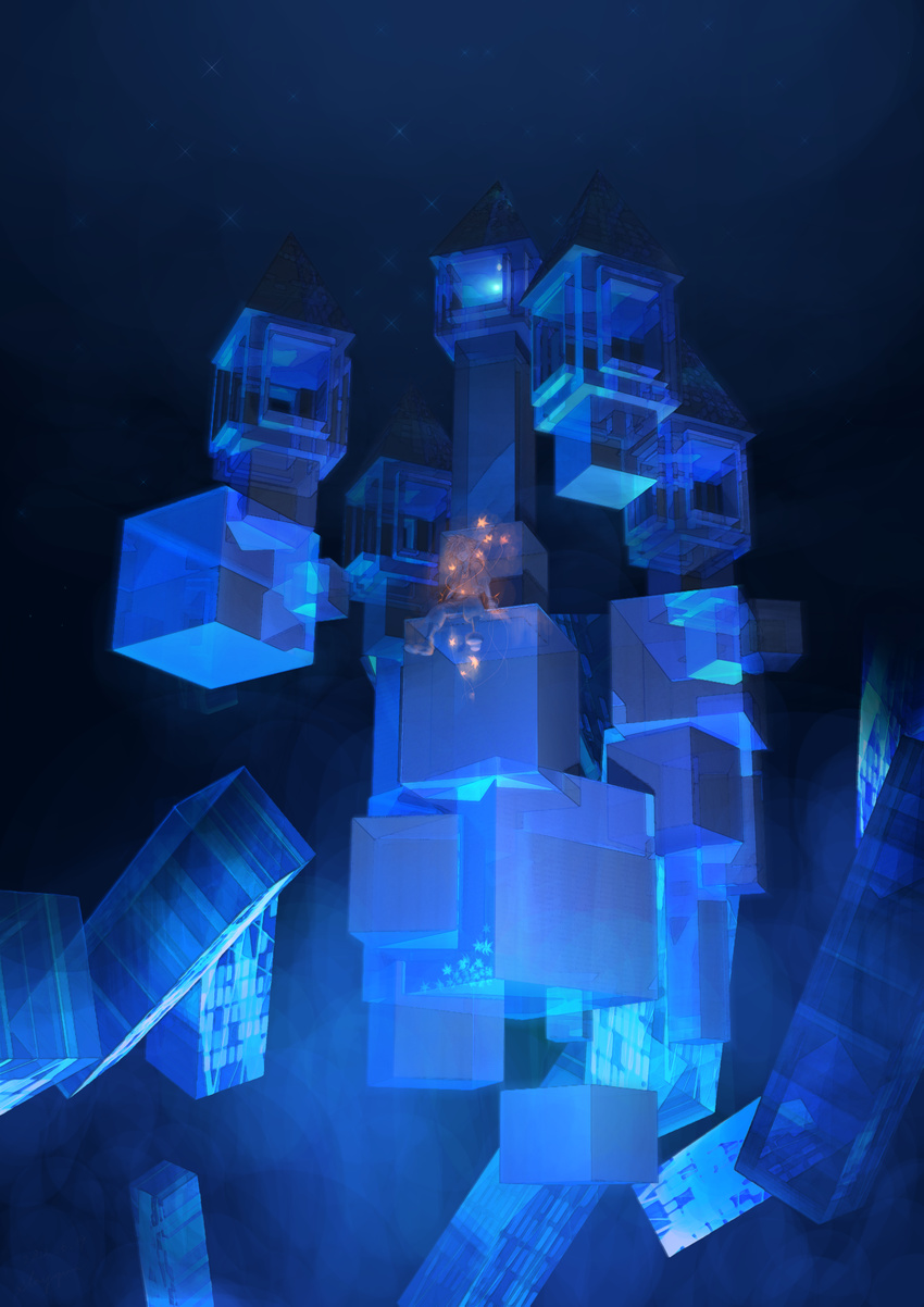 abstract absurdres bad_id bad_pixiv_id blue box chain_necklace closed_eyes fingerless_gloves floating gloves highres kingdom_hearts male_focus slgny solo sora_(kingdom_hearts) square surreal tower