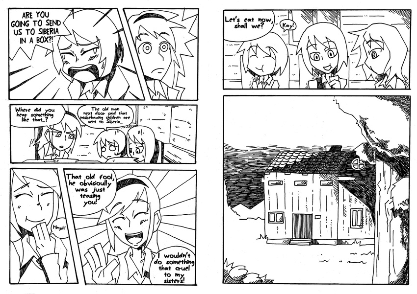 al_bhed_eyes comic crying english greyscale hairband house layla_prismriver left-to-right_manga lunasa_prismriver lyrica_prismriver merlin_prismriver monochrome multiple_girls reverse_translation setz smile touhou tree typo