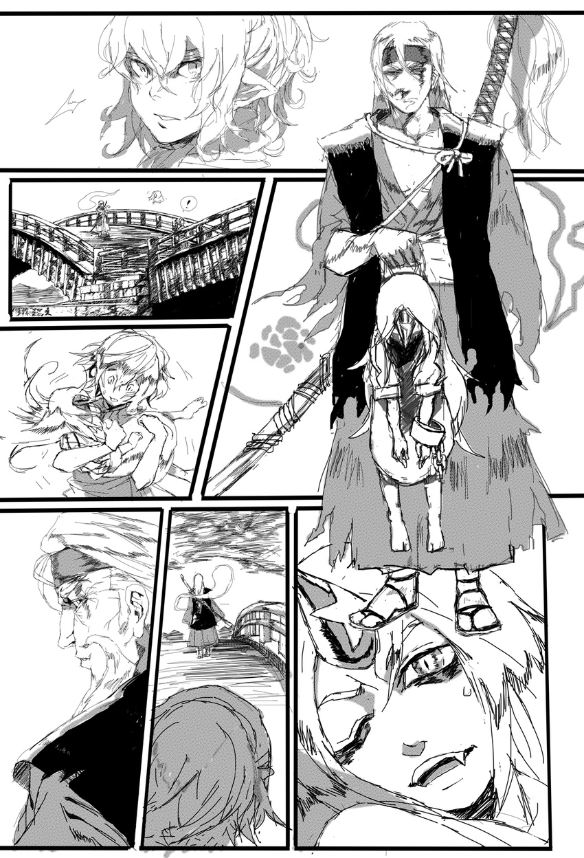 1boy 2girls bad_id bad_pixiv_id bridge catching comic fang greyscale headband highres horn hoshiguma_yuugi injury konpaku_youki konpaku_youki_(ghost) looking_back mizuhashi_parsee mizuno_(soutaman) monochrome multiple_girls oversized_object star sword torn_clothes touhou weapon younger