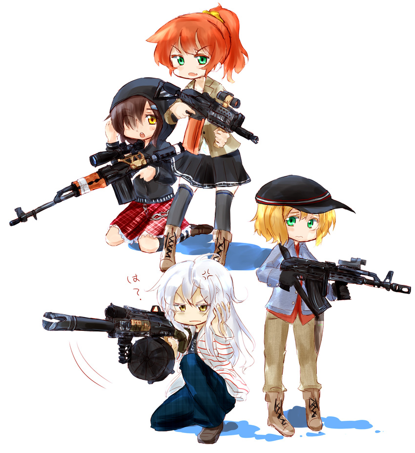 absurdres aimpoint aks-74u amd-65 anger_vein assault_rifle battle_rifle black_legwear boots brown_eyes brown_hair drum_magazine folding_stock green_eyes gun hair_over_one_eye hat highres hood hoodie ice_(icegray) multiple_girls original pleated_skirt ponytail red_hair rifle saiga-12 skirt thighhighs translated trigger_discipline vertical_foregrip weapon yellow_eyes zastava_m77 zettai_ryouiki