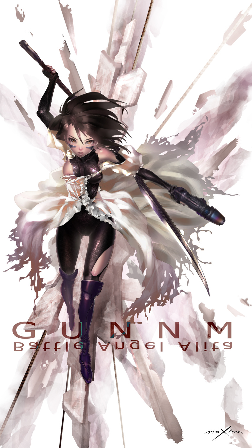 black_hair brown_eyes copyright_name english gally gunnm highres looking_at_viewer moxhum serious short_hair solo sword torn_clothes weapon white_background