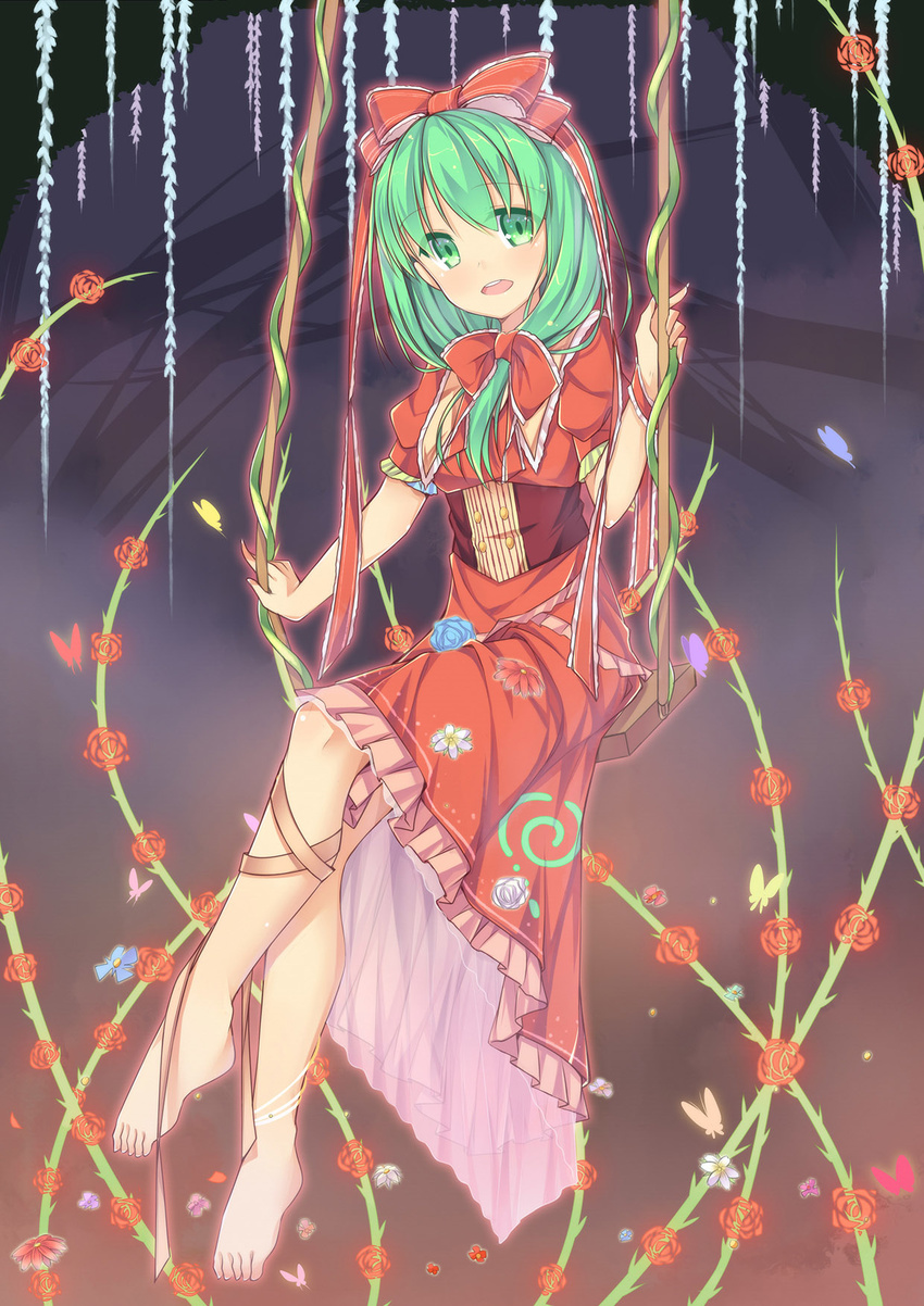 adapted_costume alternate_costume amemiya_ruki barefoot blue_flower blue_rose blush bug butterfly dress flower frills front_ponytail green_eyes green_hair hair_ornament hair_ribbon highres insect kagiyama_hina long_hair looking_at_viewer nature open_mouth ponytail puffy_sleeves red_dress red_flower red_rose ribbon rose short_sleeves sitting smile solo swing touhou white_flower white_rose