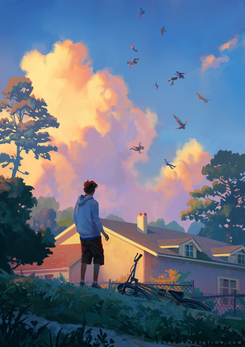 1boy 6+others artist_name bicycle black_shorts blue_sky brown_hair building chain-link_fence cloud commentary english_commentary evening facing_away falling fence from_behind grass highres hood hoodie house long_sleeves multiple_others orange_clouds original outdoors scenery short_hair shorts sky solo_focus standing surreal sylvain_sarrailh tree white_hoodie