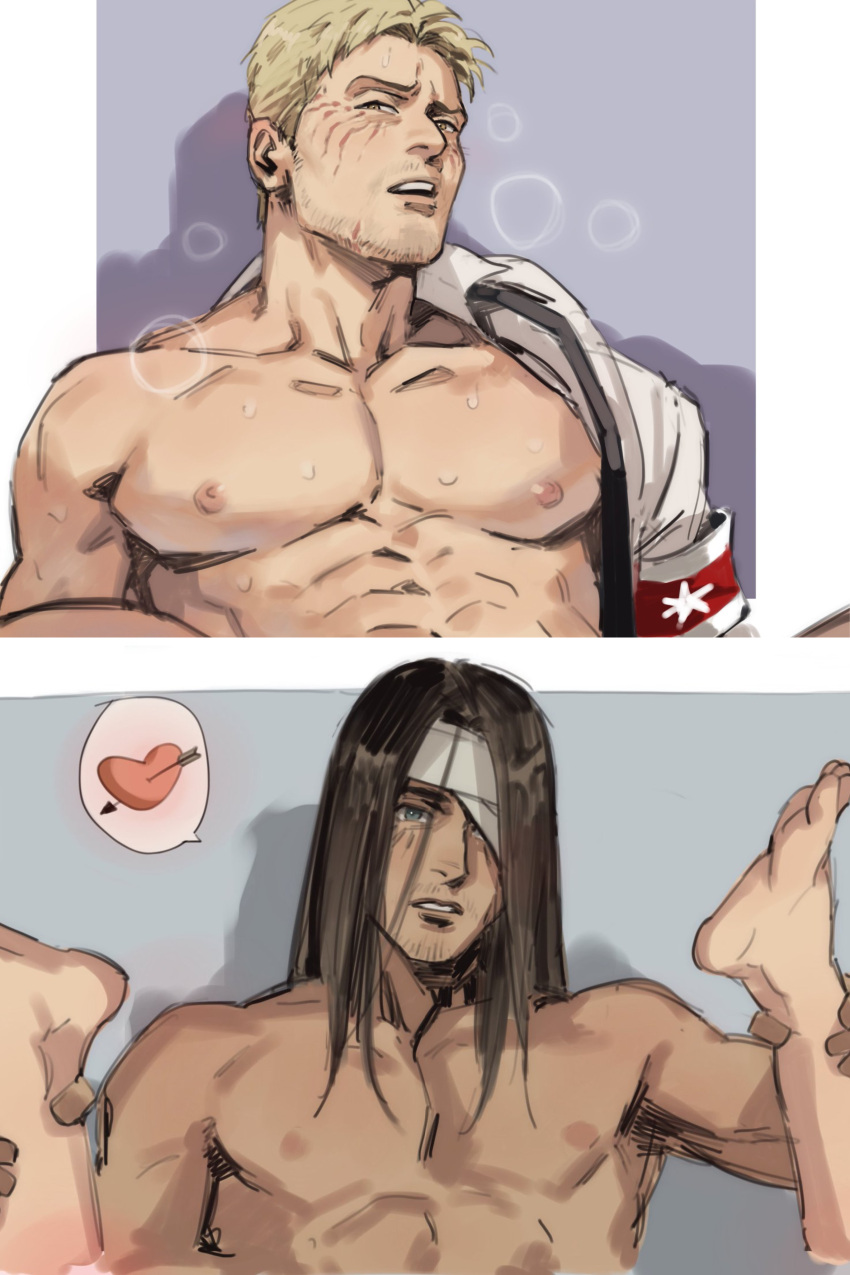 2boys abs absurdres bandage_over_one_eye bandages bara bare_pectorals black_hair blonde_hair dudlesnoodles eren_yeager facial_hair facial_mark heart highres implied_sex jacket large_pectorals long_hair male_focus multiple_boys muscular muscular_male nipples open_clothes open_jacket open_mouth pectorals reiner_braun shingeki_no_kyojin short_hair white_jacket yaoi