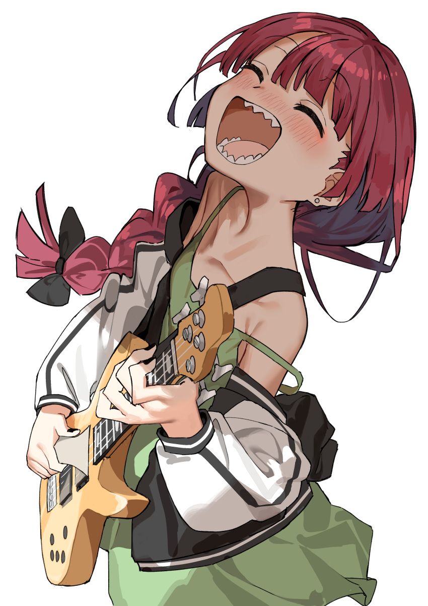 ^_^ absurdres bachi bass_guitar blush bocchi_the_rock! bow closed_eyes collarbone dress earrings green_dress hair_bow haruyuki_(gffewuoutgblubh) highres hiroi_kikuri holding holding_plectrum instrument jacket jacket_partially_removed jewelry music nose_blush open_mouth playing_instrument plectrum red_hair sharp_teeth simple_background sleeveless sleeveless_dress stud_earrings teeth white_background