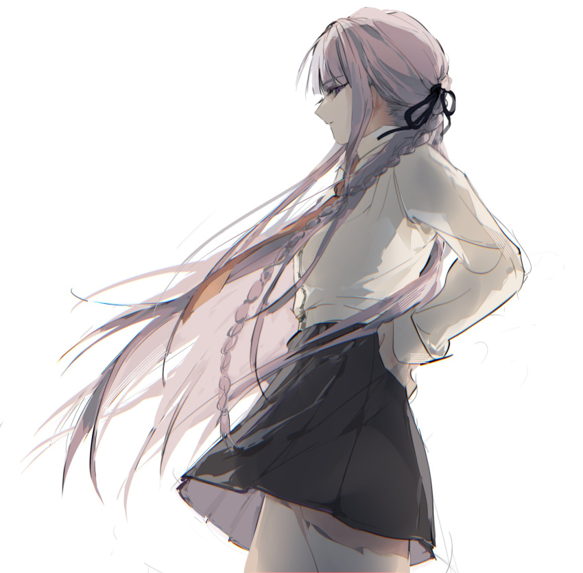 1girl black_ribbon black_skirt braid brown_necktie collared_shirt cowboy_shot danganronpa:_trigger_happy_havoc danganronpa_(series) hair_ribbon hand_on_own_hip highres kirigiri_kyoko long_sleeves necktie on_jacket pink_hair profile ribbon shirt side_braid simple_background skirt solo white_background white_shirt yochilyee