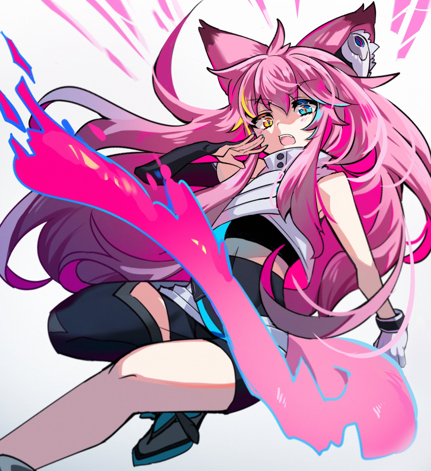 1girl ai.mi_(omega_strikers) animal_ears asymmetrical_clothes asymmetrical_gloves asymmetrical_legwear bike_shorts blue_eyes cat_ears cat_tail elbow_gloves foot_out_of_frame glitch gloves gradient_hair heterochromia highres knee_up long_hair multicolored_hair omega_strikers open_mouth pink_hair pokopoko_ponzu single_elbow_glove single_thighhigh sleeveless solo tail thighhighs very_long_hair white_background yellow_eyes