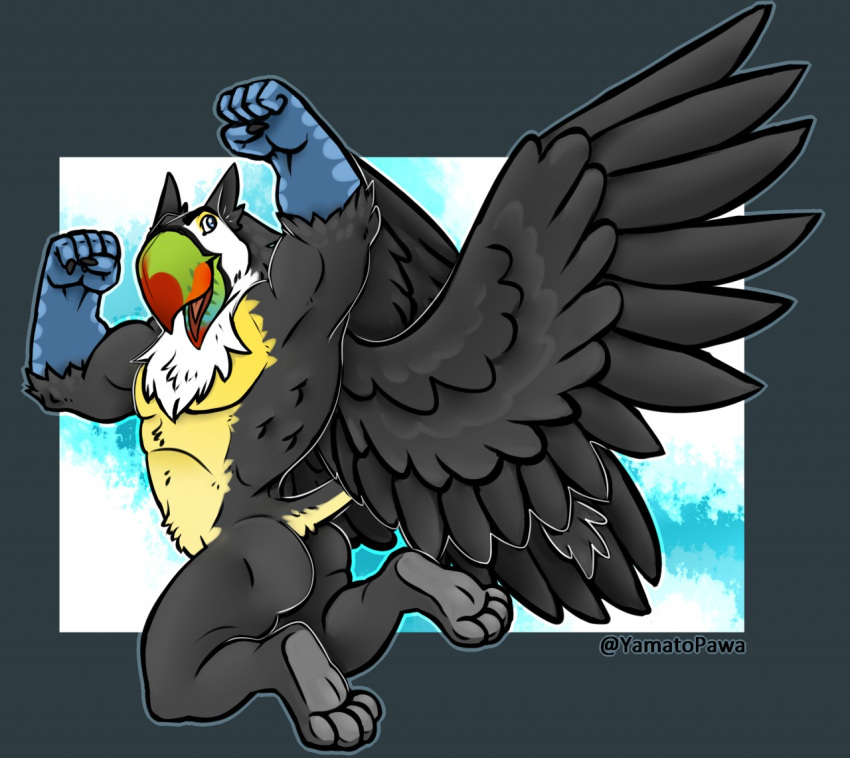 anthro avian beak bird black_body black_fur butt feathers fist_pump flying fur gryphon happy male muscular mythological_avian mythology paws solo tail talon_hands toucan wings yamatopawa