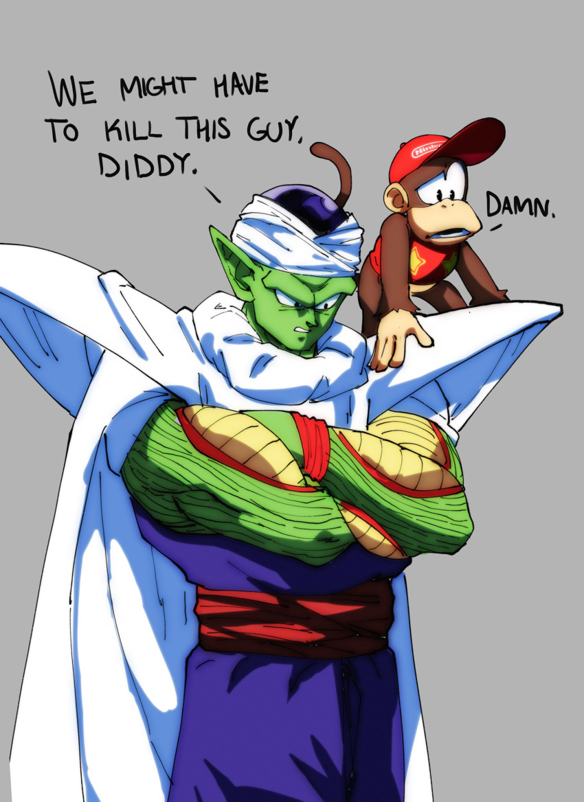 2023 anthro clothed clothing dialogue diddy_kong donkey_kong_(series) duo english_text funnismonkis haplorhine hi_res humor i_think_we're_gonna_have_to_kill_this_guy male mammal meme monkey namekian nintendo piccolo primate profanity simple_background text what