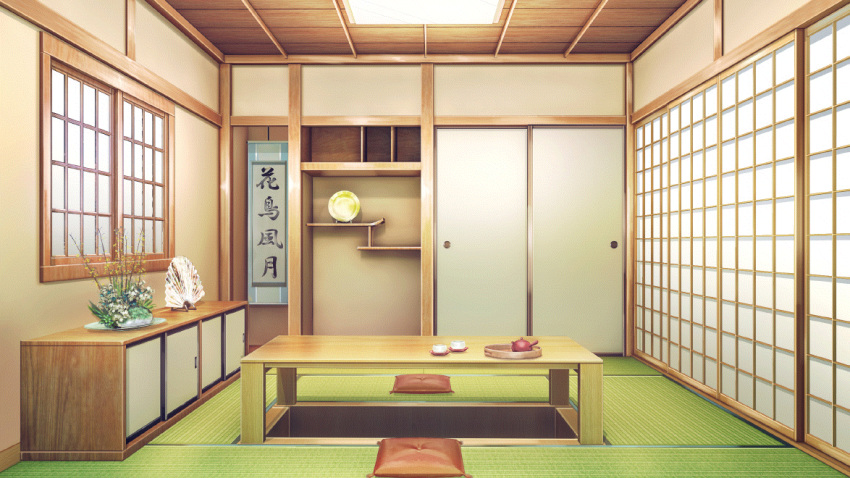 cabinet calligraphy ceiling_light cup cushion film_grain folding_fan game_cg hand_fan indoors izumi_tsubasu no_humans non-web_source official_art plate re:stage! scenery shouji sliding_doors table tatami wooden_ceiling wooden_table zabuton