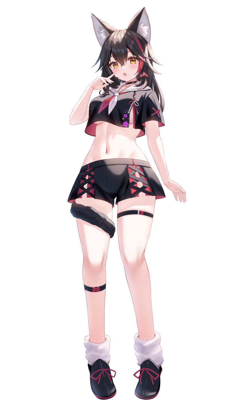 1girl absurdres animal_ear_fluff animal_ears black_choker black_footwear black_hair black_shirt black_shorts blush breasts choker cropped_shirt full_body highres hololive long_hair looking_at_viewer medium_breasts multicolored_hair no_bra official_alternate_costume ookami_mio ookami_mio_(another_ookami_mio) open_mouth red_hair shirt shoes shorts solo streaked_hair tail tail_around_own_leg thigh_strap togemaru34 underboob virtual_youtuber wolf_ears wolf_girl wolf_tail