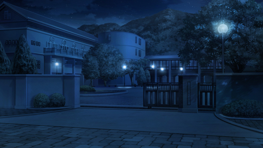 brick building bush cloud cobblestone film_grain game_cg gate izumi_tsubasu lamppost mountain night night_sky no_humans non-web_source official_art outdoors re:stage! scenery school sky star_(sky) tree