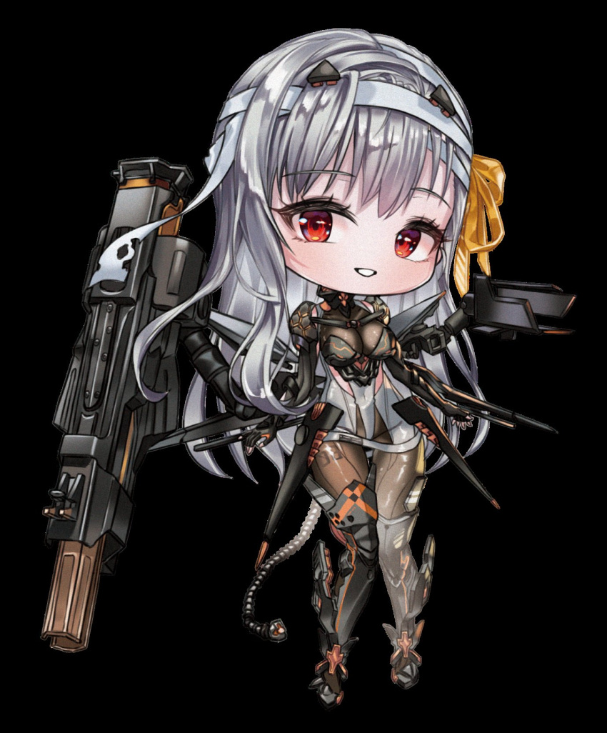 1girl armor armored_boots armored_gloves bandaged_head bandages black_gloves blush bodystocking bodysuit boots breasts chibi cleavage disgustingtokki fingerless_gloves gloves goddess_of_victory:_nikke grey_hair gun hair_ribbon high_heel_boots high_heels highres large_breasts long_hair looking_at_viewer mecha_musume mechanical_tail modernia_(nikke) open_mouth red_eyes ribbon see-through see-through_cleavage shoulder_armor sidelocks smile solo submachine_gun tail weapon white_hair yellow_ribbon