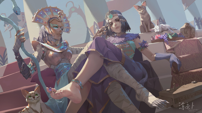 2girls absurdres anklet armlet bandaged_leg bandages barefoot black_hair cat character_request circlet closed_mouth dark-skinned_female dark_skin egyptian egyptian_clothes facepaint feet fingernails food fruit gloves grapes headpiece highres jewelry multiple_girls sharp_fingernails sharp_toenails short_hair skirt soles staff toenails toes tuweibu warhammer_fantasy