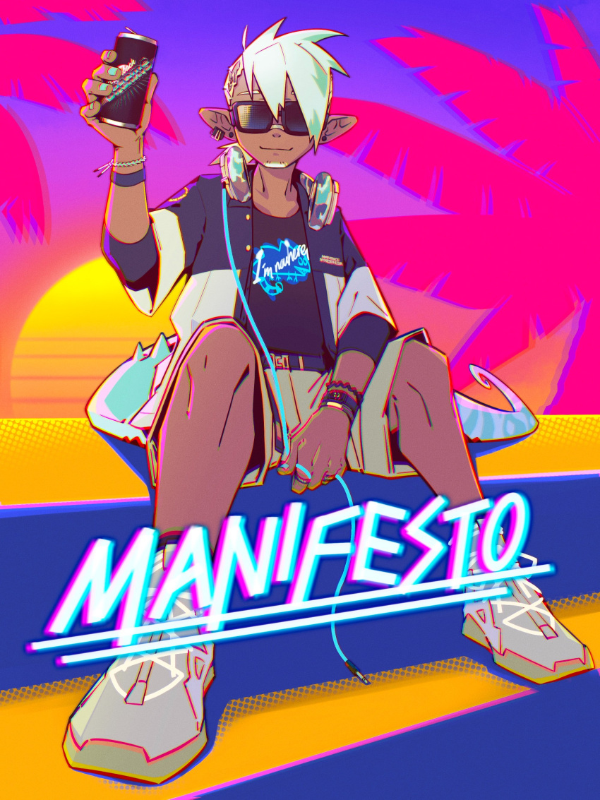 1boy absurdres arknights audio_jack chameleon_boy chameleon_tail emit_azure english_commentary english_text ethan_(arknights) goatee_stubble headphones headphones_around_neck highres looking_at_viewer male_focus palm_tree pointy_ears smile sunglasses sunset tail tree vaporwave