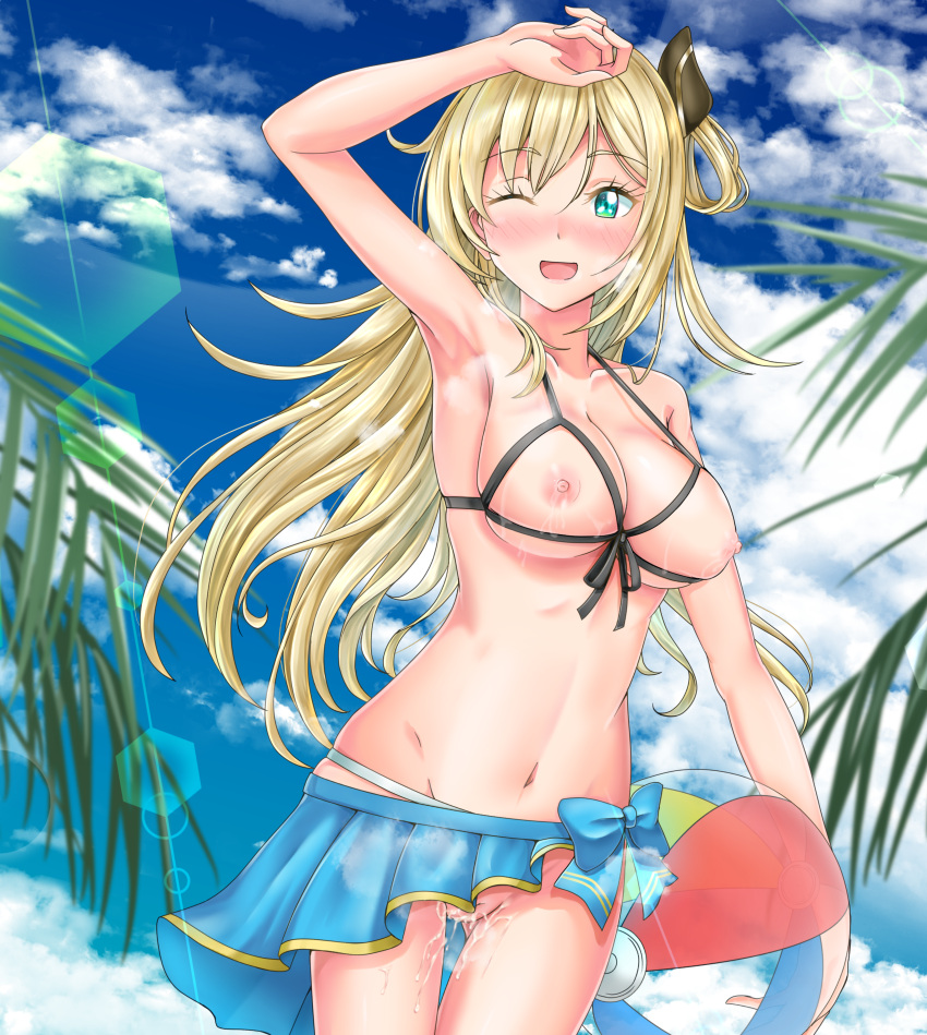 1girl absurdres after_sex armpits ayasaki_(711733) ball beachball bikini blonde_hair breasts cloud cum cum_in_pussy cupless_bikini duel_monster green_eyes heavy_breathing highres holding holding_ball holding_beachball lactation large_breasts looking_at_viewer navel nipples outdoors palm_tree pussy sky_striker_ace_-_raye smile solo standing sun_glare swimsuit tree yu-gi-oh!