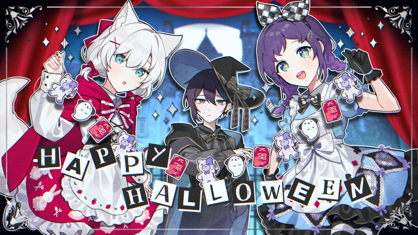 +_+ 1boy 2girls :o aiba_uiha alternate_costume animal_ears animal_print apron ars_almal black_bow black_bowtie black_cape black_gloves black_hair black_headwear black_shirt blue_dress blue_eyes blues_(nijisanji) border bow bowtie braid cape castle checkered_bow checkered_clothes closed_mouth commentary_request cowboy_shot curtains dress full_moon gloves hair_ornament happy_halloween hat head_tilt highres holding hood hooded_cape long_sleeves looking_at_viewer mayuzumi_kai moon multiple_girls night night_sky nijisanji open_mouth outdoors purple_eyes purple_hair rabbit_print red_cape red_skirt shirt short_hair short_sleeves skirt sky smile sparkle string_of_flags tail twin_braids virtual_youtuber waka_(wk4444) white_apron white_dress white_hair witch_hat wolf_ears wolf_girl wolf_tail x_hair_ornament