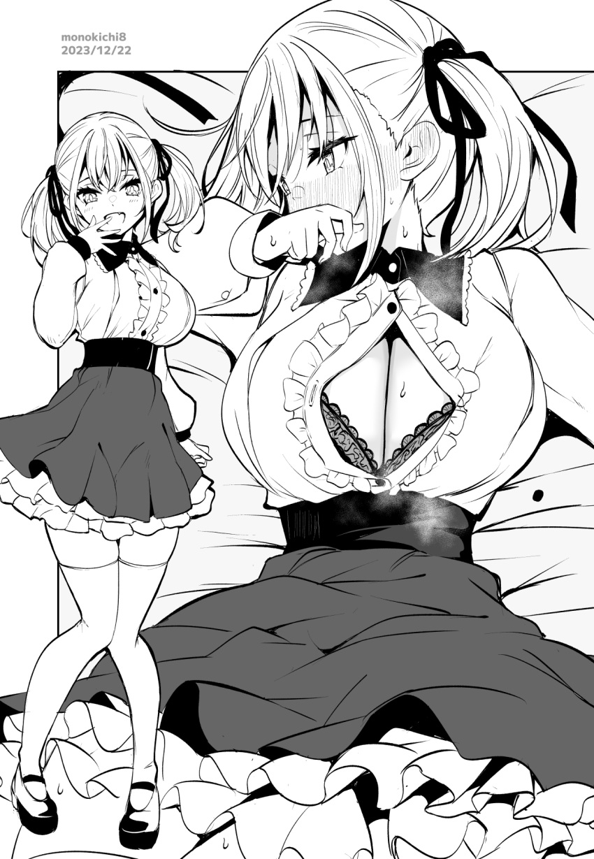 1girl :d artist_name bed_sheet blush breasts cleavage cleavage_cutout clothing_cutout commentary_request dated embarrassed full_body grey_background greyscale hair_ribbon highres kichihachi large_breasts looking_at_viewer monochrome multiple_views open_mouth original ribbon shoes short_hair simple_background skirt smile standing thighhighs twintails two-tone_background white_background zettai_ryouiki