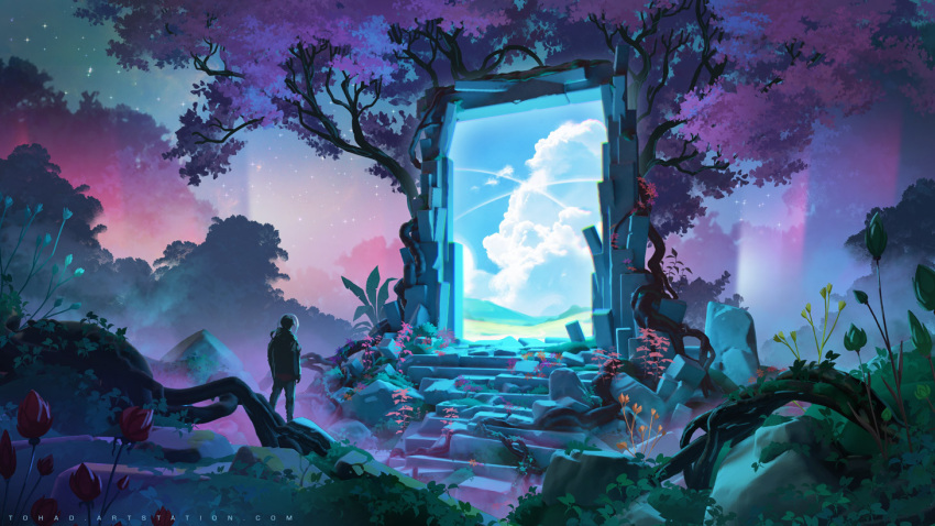 1boy artist_name black_jacket blue_sky cloud commentary english_commentary facing_away fantasy forest from_behind grass jacket landscape leaf moss nature original outdoors plant portal_(object) rock roots scenery sky solo stairs standing star_(sky) starry_sky sylvain_sarrailh tree very_wide_shot