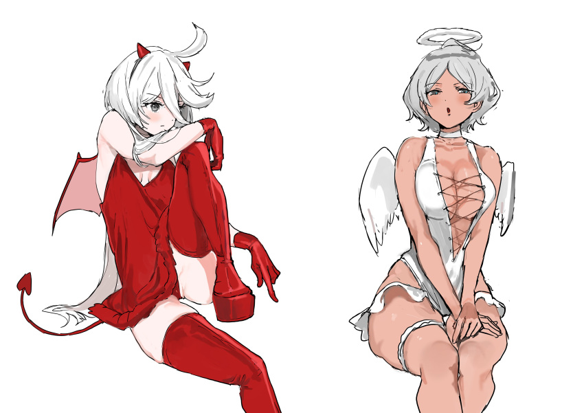 2girls absurdres ahoge angel angel_wings bananahaemeog bare_arms bare_shoulders boots breasts choker cleavage cross-laced_clothes dark-skinned_female dark_skin demon demon_tail demon_wings fake_halo gloves grey_eyes grey_hair gundam gundam_suisei_no_majo hair_between_eyes halo highleg highleg_leotard highres horns leg_up leotard long_hair miorine_rembran multiple_girls negligee one_eye_covered own_hands_together pale_skin platform_footwear platform_heels red_footwear red_gloves secelia_dote short_hair sitting skindentation tail thick_thighs thigh_boots thigh_strap thighs very_long_hair white_choker white_hair white_leotard wings zettai_ryouiki