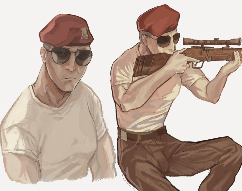 1boy aviator_sunglasses belt beret brown_pants cargo_pants closed_mouth craig_boone crew_cut cropped_legs cropped_torso fallout_(series) fallout_new_vegas frown glasses gun hat highres holding holding_gun holding_weapon hunting_rifle looking_at_viewer looking_to_the_side motsu_pot muscular muscular_male pants red_headwear scope shirt sunglasses trigger_discipline undershirt weapon white_shirt