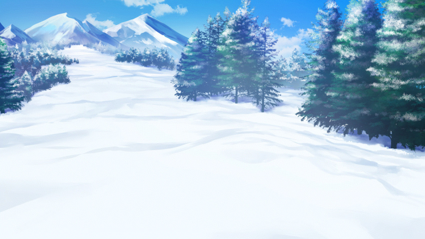 blue_sky cloud day film_grain game_cg izumi_tsubasu mountain no_humans non-web_source official_art outdoors pine_tree re:stage! scenery sky snow tree