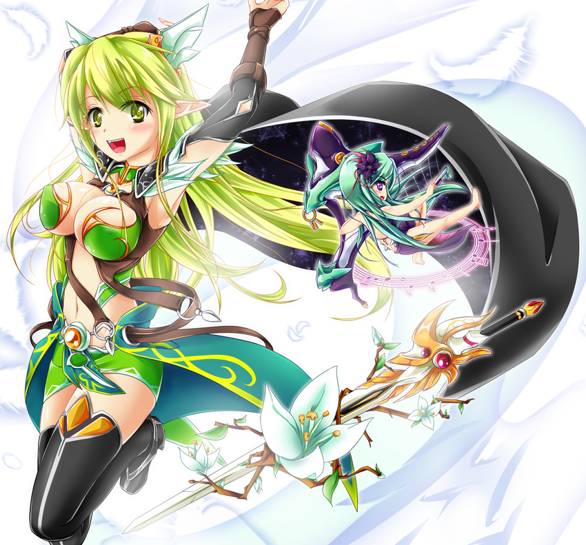 bad_id bad_pixiv_id blush boots breasts cape character_request cleavage combine elf elsword feathers flower fluegel grand_archer_(elsword) green_eyes green_hair highres large_breasts long_hair multiple_girls musical_note night_watcher_(elsword) overskirt pointy_ears purple_eyes rena_(elsword) staff_(music) sword thigh_boots thighhighs weapon wind_sneaker_(elsword)