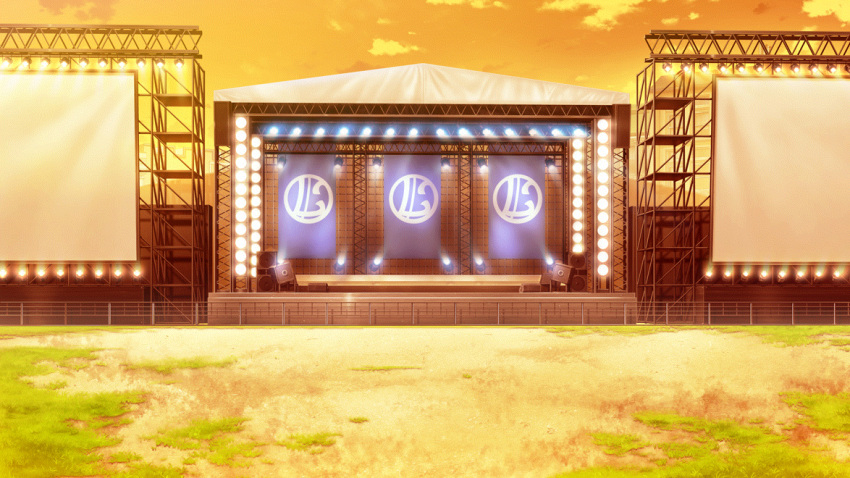 building cloud dirt evening fence film_grain game_cg grass izumi_tsubasu light_bulb no_humans non-web_source official_art orange_sky outdoors re:stage! scenery screen sky speaker stage stage_lights