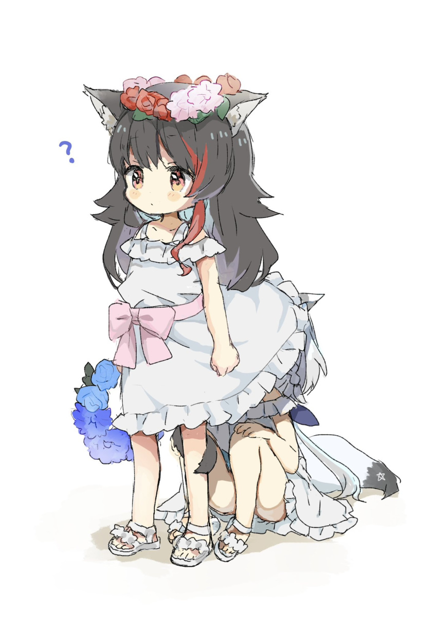 2girls ? aged_down animal_ear_fluff animal_ears bouquet braid brown_eyes clothes_lift dress dress_lift female_pervert flower flower_wreath fox_ears fox_girl fox_tail fuyukawa0410 hair_flower hair_ornament head_under_skirt highres hololive lifted_by_another long_hair multicolored_hair multiple_girls ookami_mio pervert rose sandals shirakami_fubuki sitting standing streaked_hair tail virtual_youtuber white_dress white_hair wolf wolf_ears wolf_girl wolf_tail