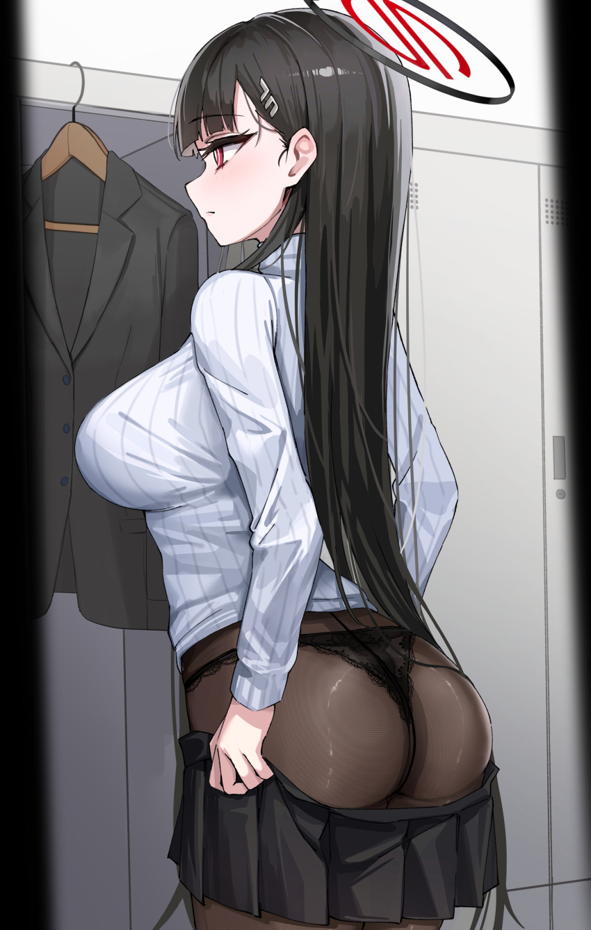 1girl absurdres asashin_(asn) ass black_hair black_panties black_pantyhose black_skirt blazer blue_archive blush breasts bright_pupils closed_mouth cowboy_shot dressing from_side hair_ornament hairpin halo highres indoors jacket lace-trimmed_panties lace_trim large_breasts locker locker_room long_hair long_sleeves looking_ahead miniskirt panties panties_under_pantyhose pantyhose pleated_skirt red_eyes ribbed_sweater rio_(blue_archive) skirt skirt_hold solo straight_hair sweater underwear unworn_jacket very_long_hair voyeurism white_pupils white_sweater