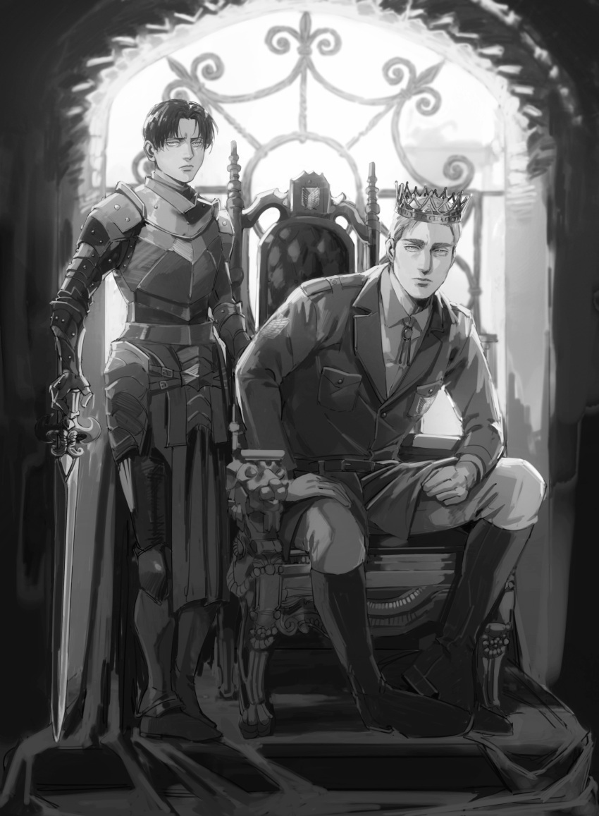 2boys absurdres armor armored_boots belt boots closed_mouth coat collared_shirt crown erwin_smith greyscale highres holding holding_sword holding_weapon indoors knight levi_(shingeki_no_kyojin) male_focus monochrome multiple_boys pants shingeki_no_kyojin shirt short_hair sitting sword thisuserisalive throne weapon