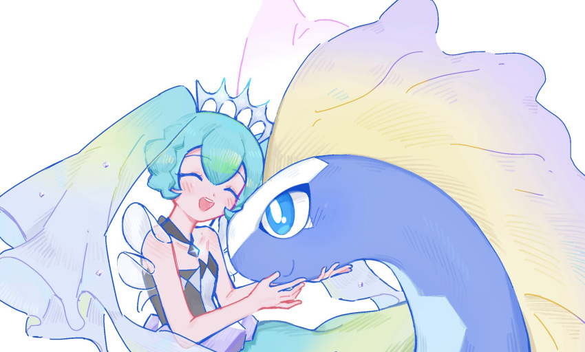 1girl :d affectionate aurorus bare_arms blue_eyes blush bright_pupils chinese_commentary closed_eyes closed_mouth collar commentary dian_(nanooo_i) dress eyelashes green_hair hair_ornament hatsune_miku highres open_mouth pokemon pokemon_(creature) project_voltage rock_miku_(project_voltage) smile teeth upper_teeth_only vocaloid white_background white_pupils