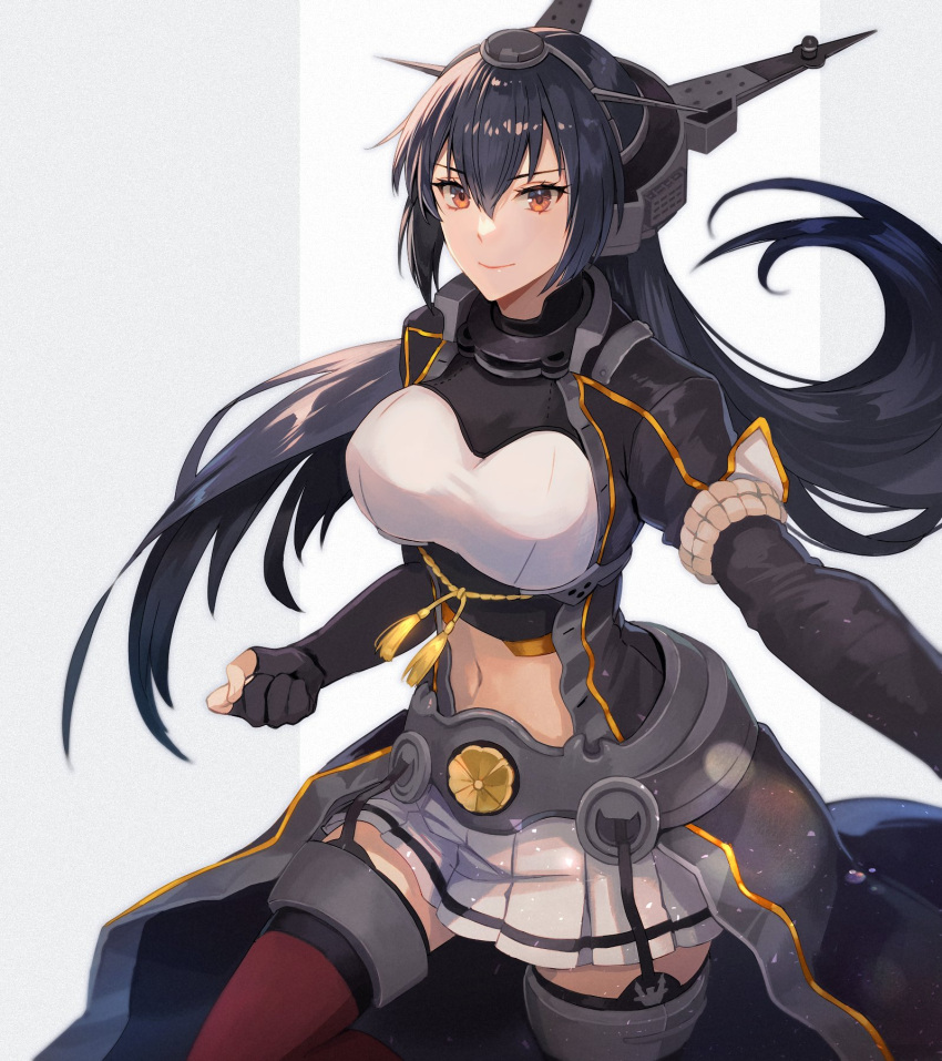 1girl black_coat black_gloves black_hair breasts clenched_hand closed_mouth coat elbow_gloves gloves hair_between_eyes headgear highres kantai_collection kasumi_(skchkko) large_breasts long_coat long_hair nagato_(kancolle) nagato_kai_ni_(kancolle) navel open_clothes open_coat partially_fingerless_gloves pleated_skirt red_eyes red_thighhighs skirt smile solo thighhighs white_skirt