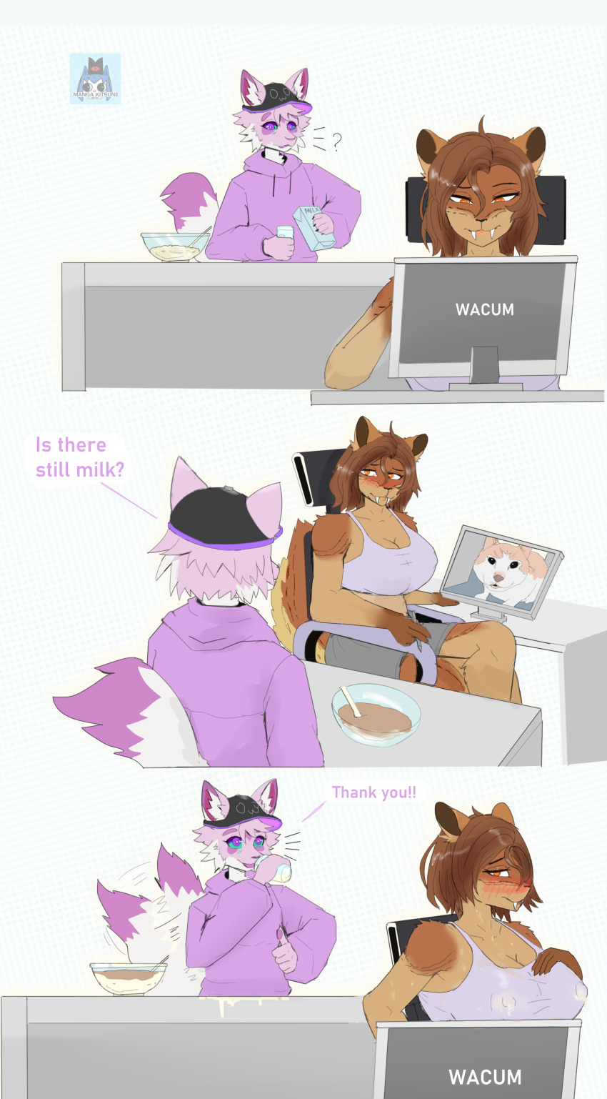 absurd_res amaverse anthro big_breasts blush bodily_fluids bottle breakfast breast_milking breasts brown_body clothed clothing comic container cross-eyed dialogue domestic_cat drawing duo english_text felid feline felis female food fur hair happy hi_res kemono lactating lactating_through_clothing larger_female male male/female mammal mangakitsune2 meme mikasi milk milk_bottle milk_in_cup patoune pink_body pink_fur pink_hair saber-toothed_tiger seductive size_difference smaller_male smile smiling_at_partner tail tail_motion tailwag teeth text translucent translucent_clothing vtuber wacom wet wet_clothing x_eyes