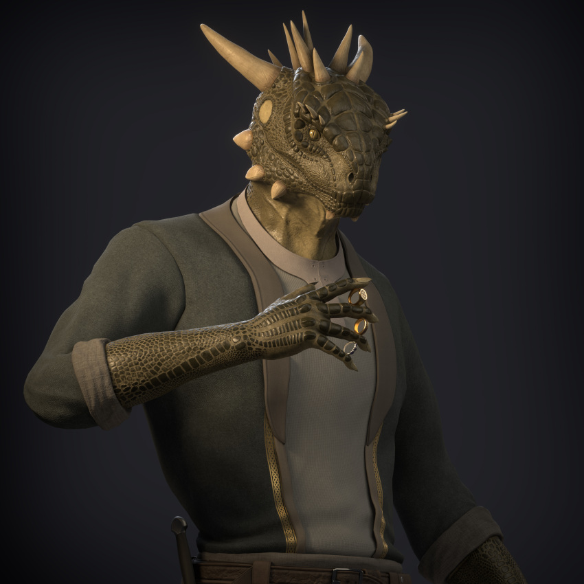 1:1 2021 3d_(artwork) absurd_res anthro argonian belt bethesda_softworks clothed clothing digital_media_(artwork) dotterkletch facial_spikes green_body green_eyes grey_clothing hi_res horn jewelry knife male mouth_closed portrait scalie solo spikes spikes_(anatomy) the_elder_scrolls zbrush