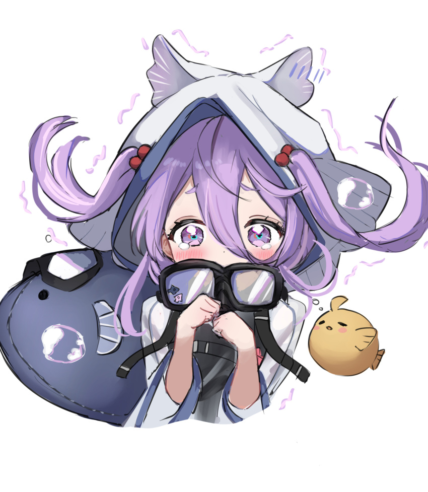 1girl absurdres ahoge air_bubble azur_lane blush bubble flasher_(azur_lane) goggles goggles_around_neck hands_up highres long_bangs looking_at_viewer manjuu_(azur_lane) medium_hair purple_eyes purple_hair simple_background soul_(dp11) stuffed_animal stuffed_fish stuffed_toy tearing_up trembling two_side_up white_background white_hood