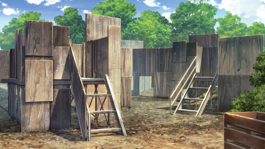 barricade blue_sky cloud day dirt film_grain game_cg izumi_tsubasu no_humans non-web_source official_art outdoors re:stage! scenery sky tagme tree wooden_stairs wooden_wall