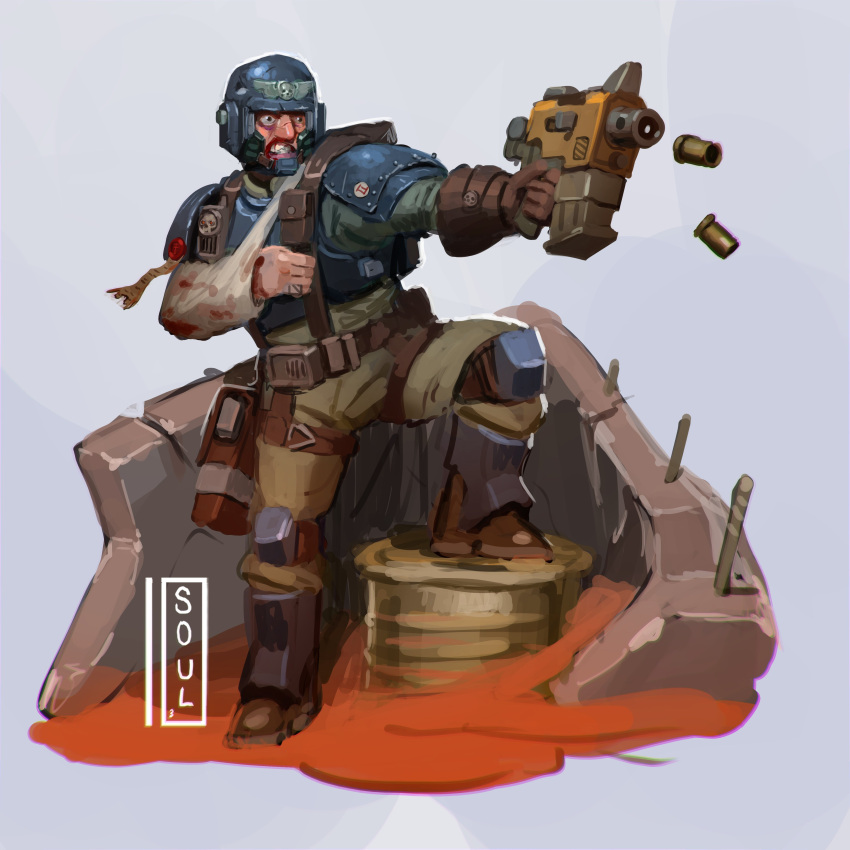 absurdres arm_sling armor astra_militarum barrel belt bolt_pistol boots broken_arm gloves gun handgun helmet highres holster military_uniform pauldrons purity_seal shell_casing shoulder_armor signature soldier soul_ant19 teeth thigh_holster uniform warhammer_40k weapon