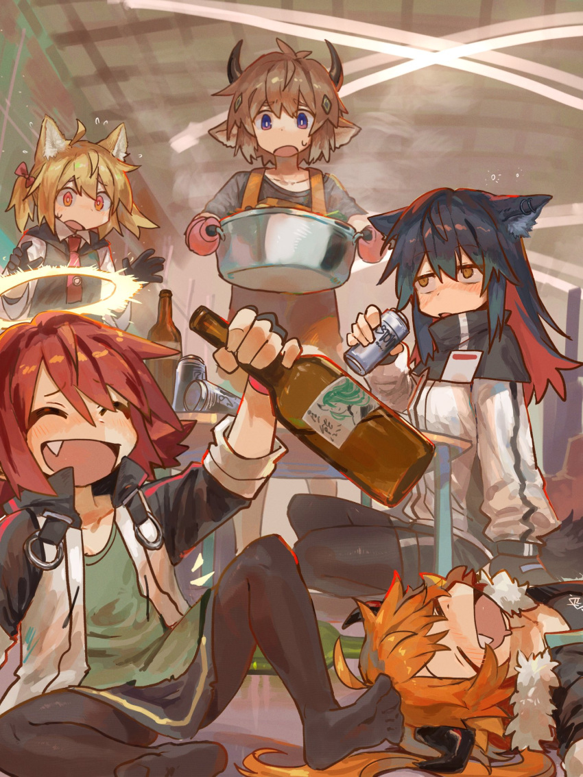 1boy 4girls alcohol animal_ear_fluff animal_ears apron arknights beer_can bison_(arknights) black_capelet black_hair black_pantyhose black_shorts blonde_hair bottle brown_hair can capelet cow_boy cow_ears croissant_(arknights) drink_can drunk exusiai_(arknights) fang fur_trim gloves green_shirt halo highres holding holding_bottle holding_cooking_pot hoshiguma_(arknights) indoors jacket multicolored_hair multiple_girls mutomorokoshi name_tag necktie open_clothes open_jacket orange_apron orange_hair pantyhose pantyhose_under_shorts party penguin_logistics_(arknights) red_hair red_necktie shirt short_hair shorts skirt sleeves_rolled_up sora_(arknights) texas_(arknights) twintails white_jacket wolf_ears wolf_girl worried yellow_halo