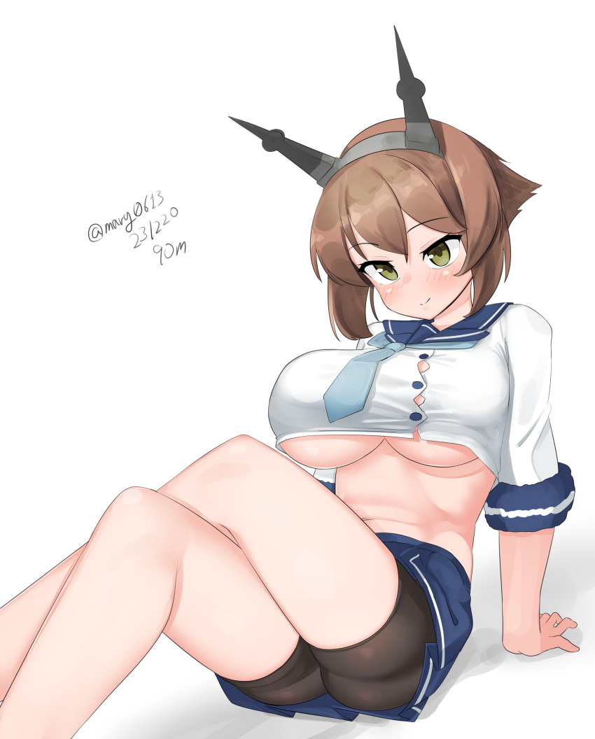 1girl absurdres bike_shorts blue_neckerchief blue_sailor_collar blue_skirt breasts brown_hair cosplay dated etorofu_(kancolle) etorofu_(kancolle)_(cosplay) feet_out_of_frame flipped_hair green_eyes hat headgear highres kantai_collection large_breasts maru_(marg0613) mutsu_(kancolle) neckerchief one-hour_drawing_challenge pleated_skirt radio_antenna sailor_collar sailor_hat short_hair shorts shorts_under_skirt simple_background skirt solo twitter_username underboob undersized_clothes white_background