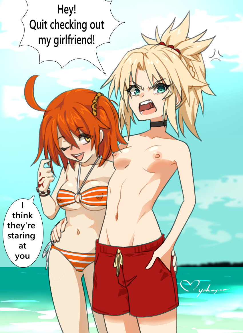 2girls absurdres ahoge anger_vein angry beach bikini blonde_hair blue_sky blush bracelet braid breasts choker cleavage collarbone command_spell covered_nipples crossdressing day english_text fate/grand_order fate_(series) fujimaru_ritsuka_(female) fujimaru_ritsuka_(female)_(brilliant_summer) green_eyes groin hair_between_eyes hair_ornament hair_scrunchie hand_in_pocket hand_on_another's_ass hand_on_another's_hip highres jealous jewelry long_bangs long_hair looking_at_viewer male_swimwear male_swimwear_challenge medium_breasts mmmalice mordred_(fate) multiple_girls navel nipples o-ring o-ring_bikini o-ring_top ocean official_alternate_costume one_eye_closed one_side_up open_mouth orange_bikini orange_eyes orange_hair outdoors ponytail public_indecency red_scrunchie scrunchie short_hair shorts side-tie_bikini_bottom side_ponytail sidelocks signature sky small_breasts smile speech_bubble striped striped_bikini swim_trunks swimsuit teeth tomboy topless v-shaped_eyebrows yellow_scrunchie yuri