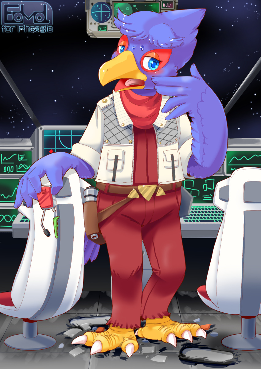 2023 avian avian_feet bird blue_body blue_feathers bottomwear caracara clothing communicator cosplay edmol falco_lombardi falcon falconid feathers feet hi_res holstered_pistol jacket male nintendo pants pheagle red_bottomwear red_clothing red_pants spacecraft star star_fox talons toes topwear torn_clothing transformation vehicle white_clothing white_jacket white_topwear