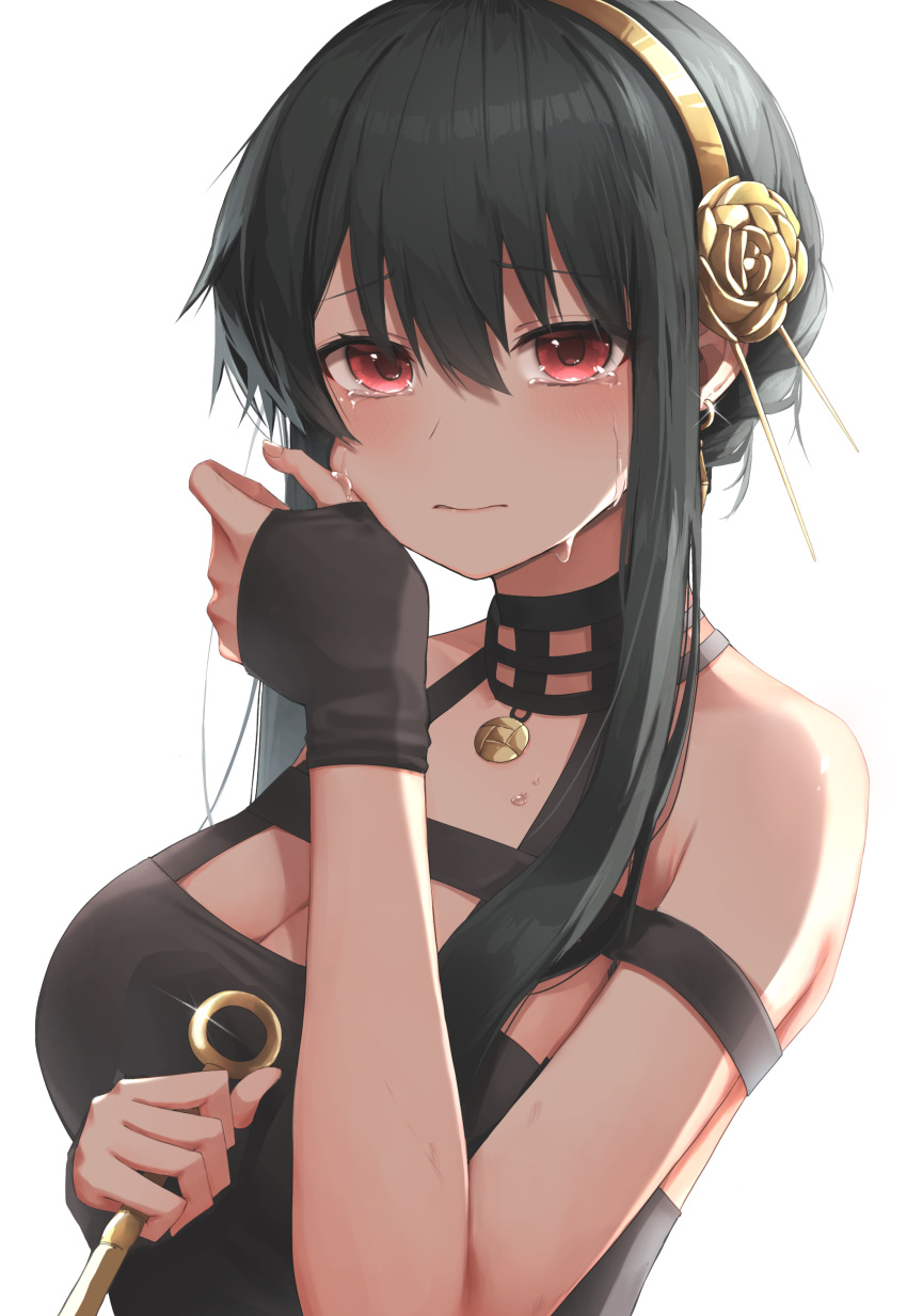 1girl absurdres animal_ears bare_shoulders black_dress black_gloves black_hair breasts choppy_bangs cleavage commentary_request crying crying_with_eyes_open dagger dress earrings fingerless_gloves gloves hair_between_eyes hairband highres holding_with_feet jewelry knife large_breasts looking_at_viewer pendant pepushi_drow rabbit_ears short_hair_with_long_locks sidelocks simple_background sleeveless sleeveless_dress solo spy spy_x_family stiletto_(weapon) tears weapon white_background wiping_tears yellow_hairband yor_briar