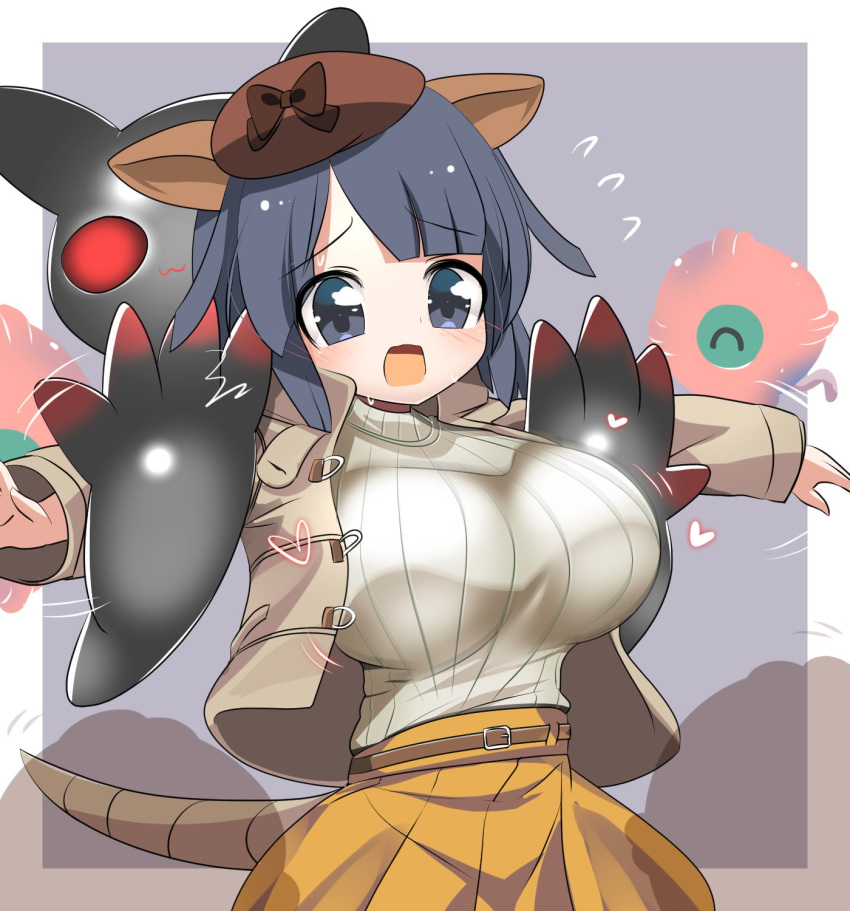 1girl animal_ears armadillo_ears armadillo_tail belt black_eyes black_hair breasts cellien_(kemono_friends) extra_ears giant_armadillo_(kemono_friends) grey_background hat highres jacket kemono_friends large_breasts lets0020 ribbon short_hair simple_background skirt sweat sweater tail