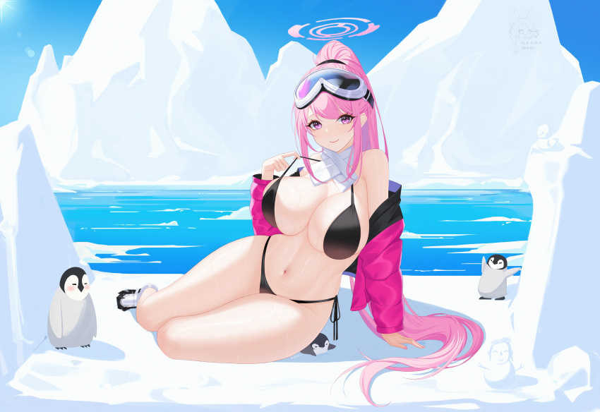 1girl absurdres arm_support bikini bird black_bikini blue_archive blush breasts cleavage doodle_sensei_(blue_archive) down_jacket eimi_(blue_archive) eimi_(swimsuit)_(blue_archive) goggles goggles_on_head halo highres jacket jacket_partially_removed large_breasts long_hair nanqizizhou navel outdoors penguin pink_eyes pink_hair pink_jacket ponytail scarf sensei_(blue_archive) side-tie_bikini_bottom sidelocks sitting ski_goggles smile snowman solo stomach string_bikini swimsuit very_long_hair white_scarf yokozuwari